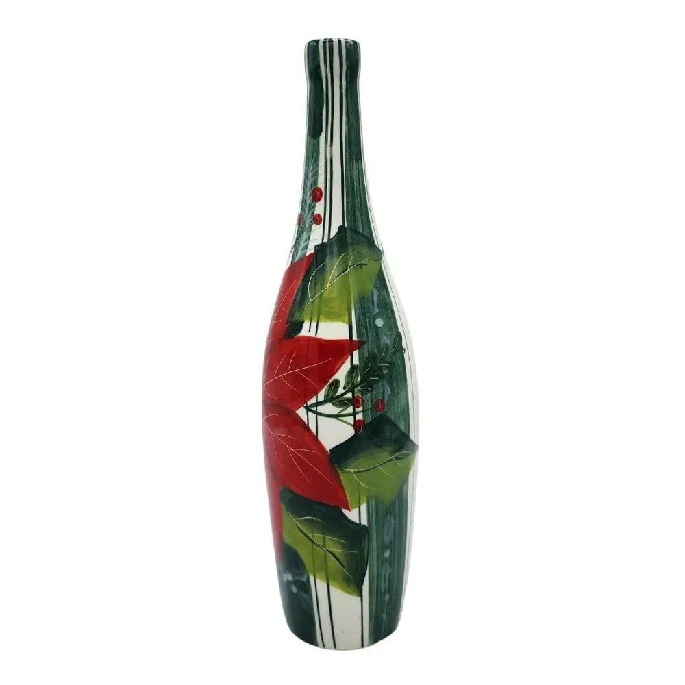 Nantucket Home Vintage Red Poinsettia Ceramic Bottle Vase Holiday Decor‎ 11.7